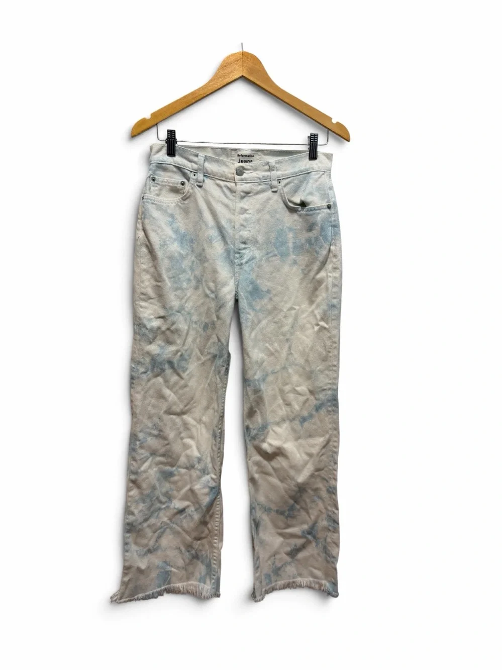 Reformation Fawcett High Rise Straight Raw Hem White Wash Tie-Dye Jeans Sz 28